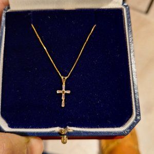 Solid 10k yellow gold box chain 16 inch necklace 10K gold cross with pink stones